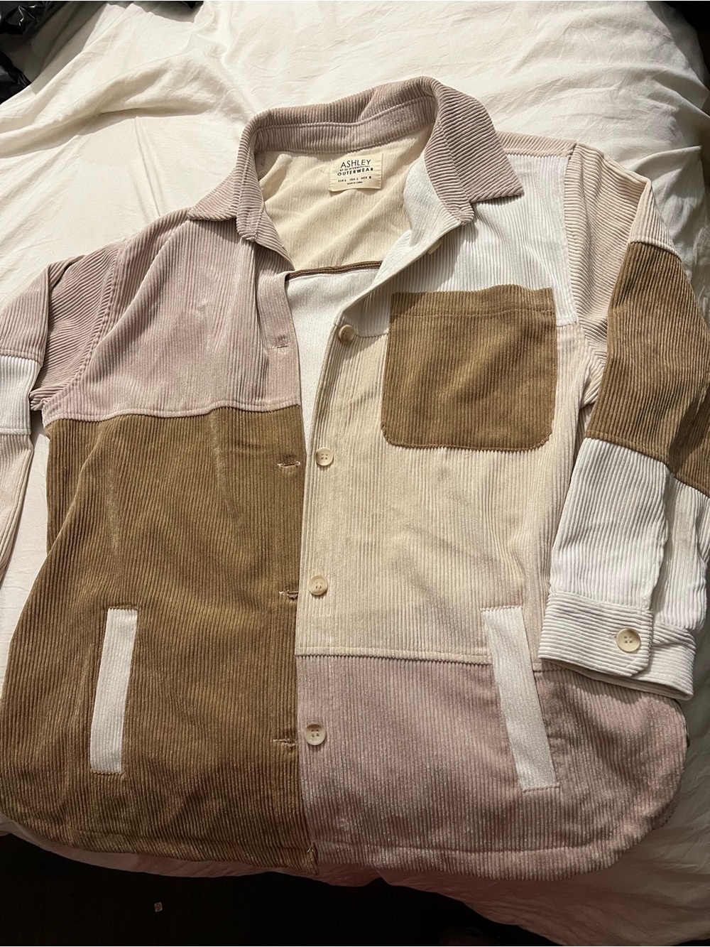 Ashley By 26 International Colorblock Corduroy Jacket in Cream, Taupe & Brown